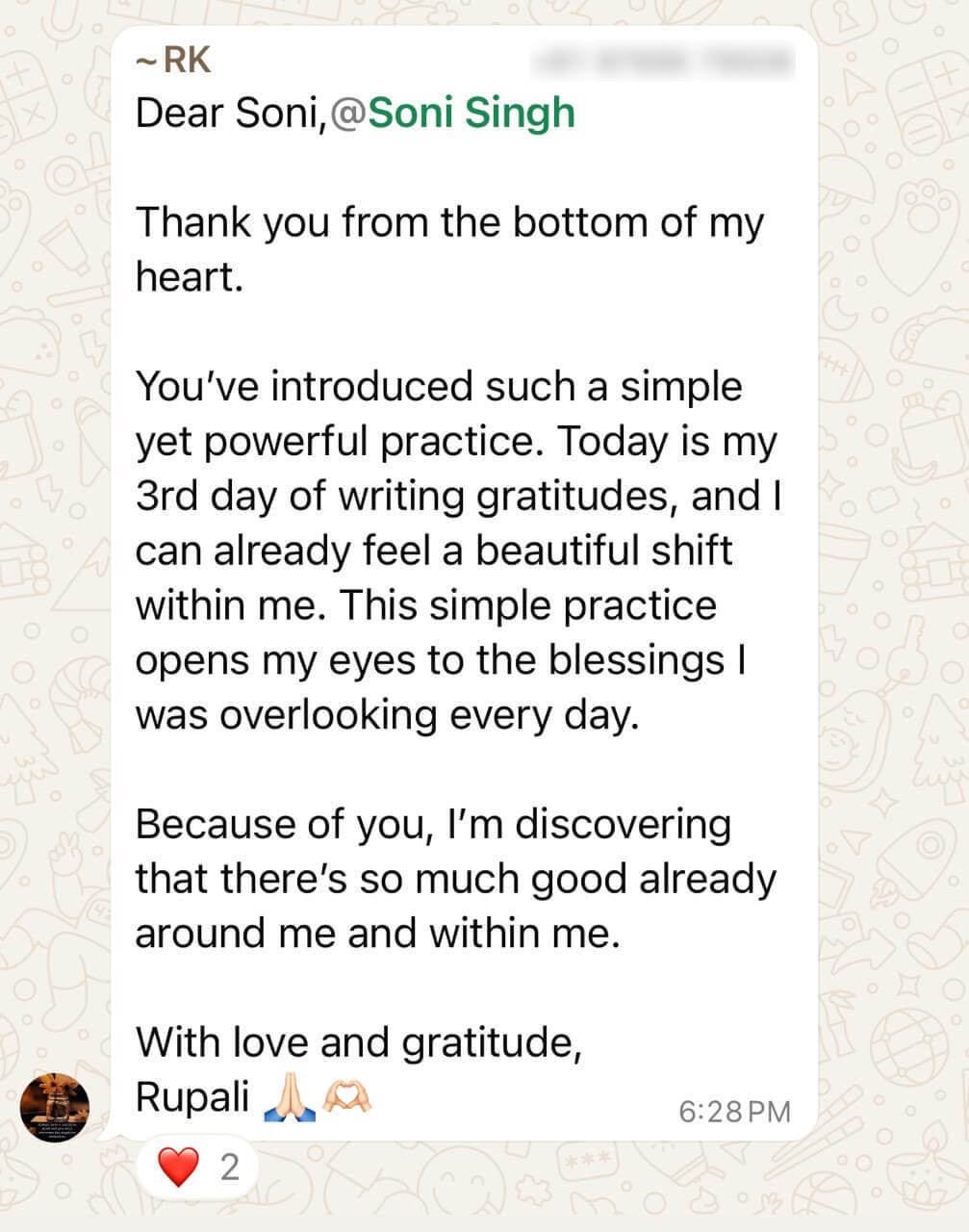 Client WhatsApp testimonial &ndash; Soni Singh NLP coaching