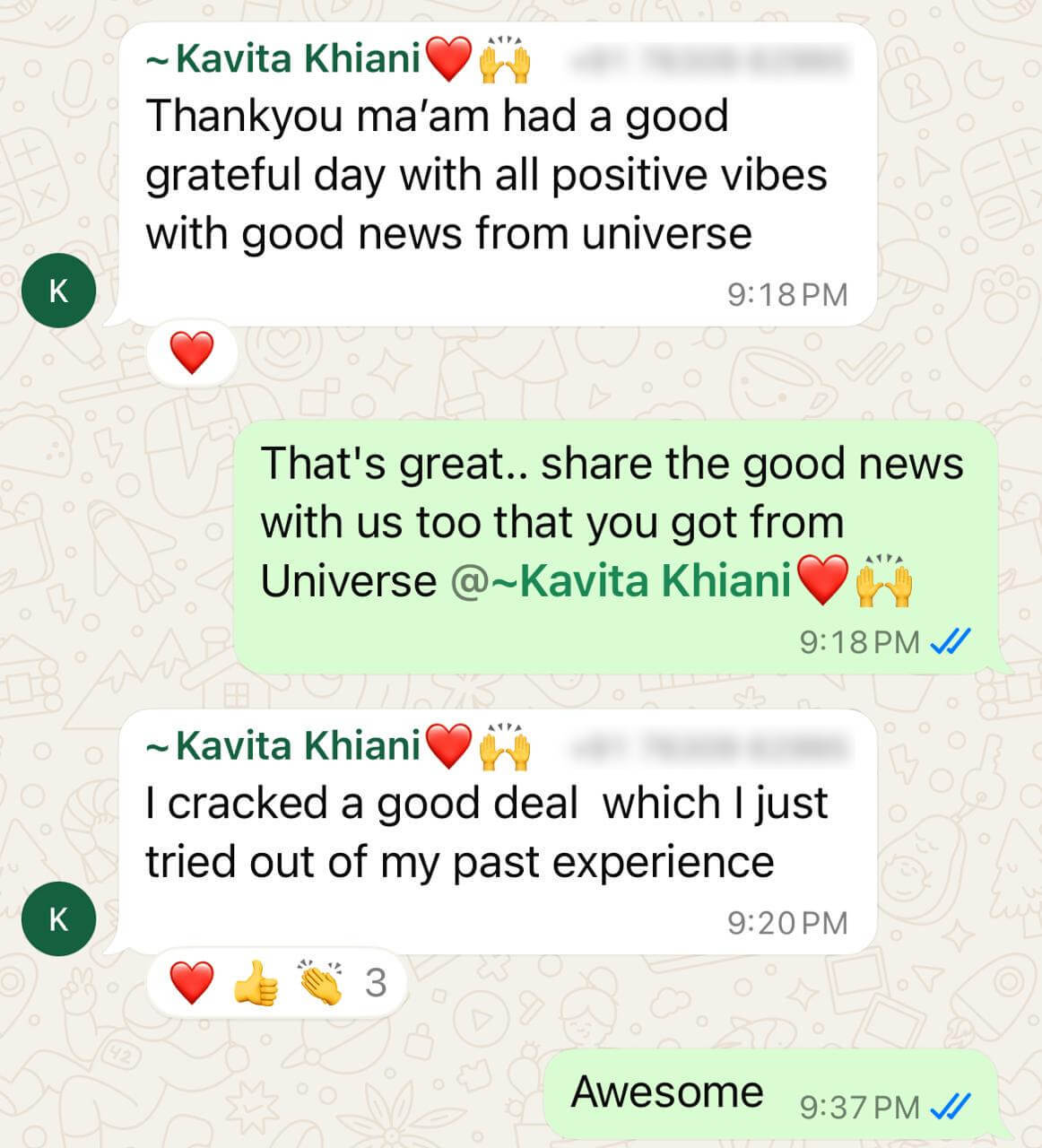 Client WhatsApp testimonial &ndash; Soni Singh NLP coaching